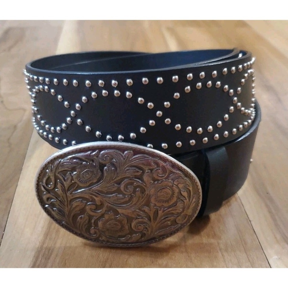 Womens Faded Glory Black Leather Belt Studded Design Western Buckle M/L